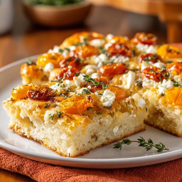 Focaccia mit Tomaten, Feta & Thymian in Nahaufnahme gezeigt. Ein Stück mit Anschnitt, das die fluffige Textur des Brotes offenbart.