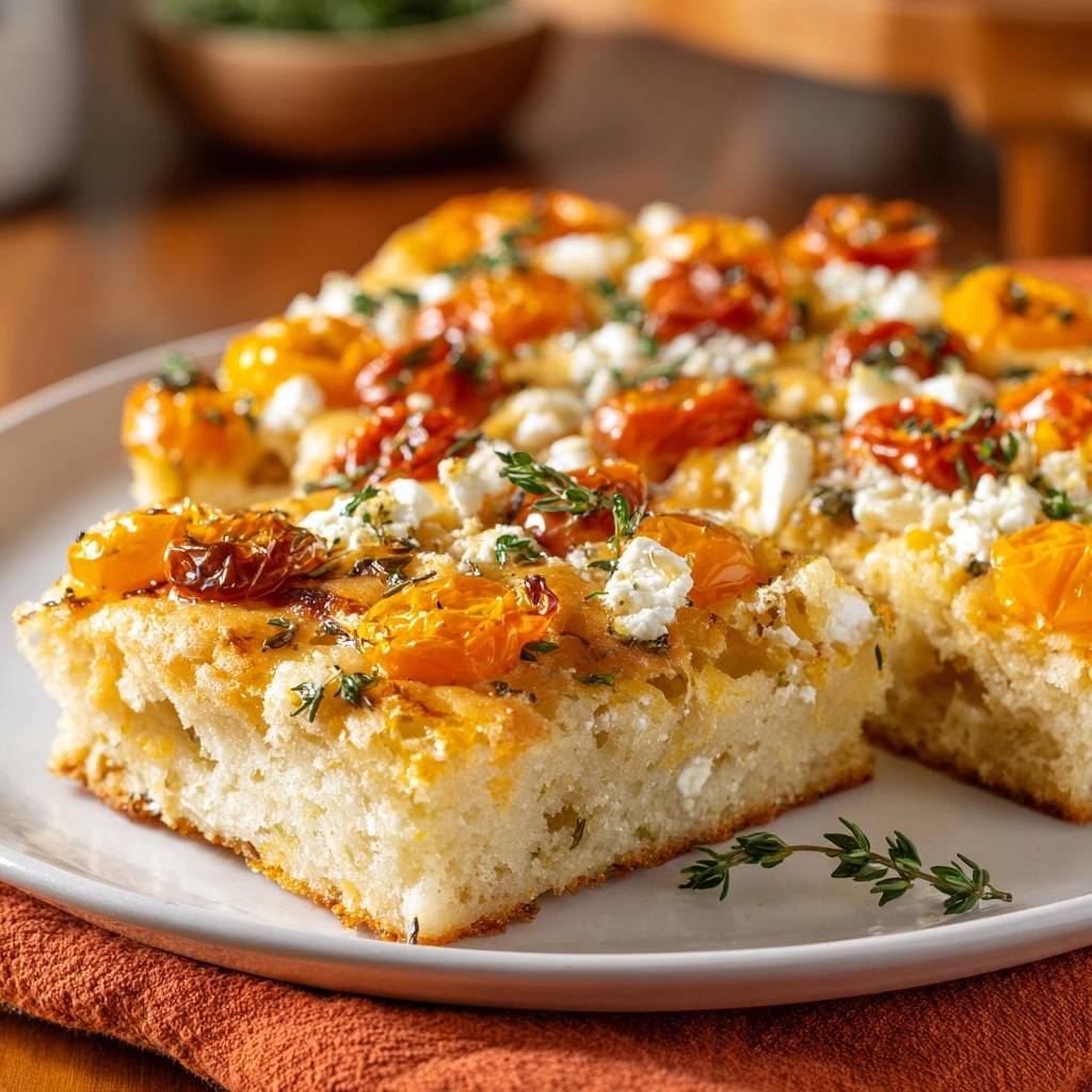 Focaccia mit Tomaten, Feta & Thymian in Nahaufnahme gezeigt. Ein Stück mit Anschnitt, das die fluffige Textur des Brotes offenbart.