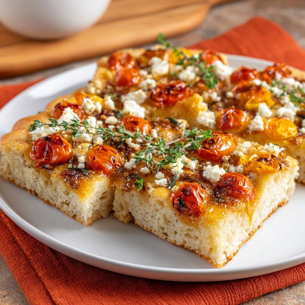 Focaccia Mit Tomaten Feta Thymian Serviert 1 Focaccia mit Tomaten, Feta & Thymian serviert auf einem weißen Teller. Das fluffige Brot ist mit sonnengereiften Tomaten, Feta und frischem Thymian belegt.