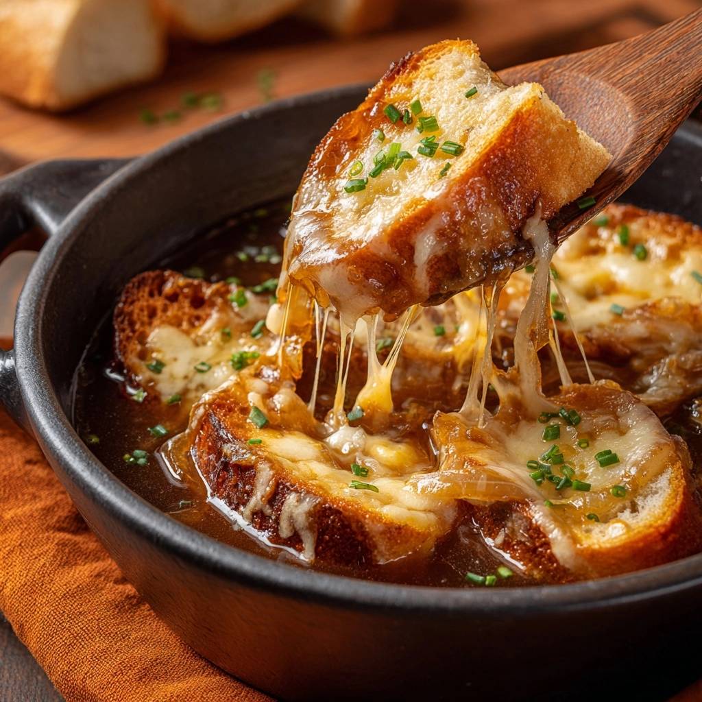 Franzoesische Zwiebelsuppe Kaesetoast Nahaufnahme 1 Franzoesische Zwiebelsuppe mit geschmolzenem Käse, der sich von einem gerösteten Brotlaib zieht, in einer nahaufnahme-perspektive.