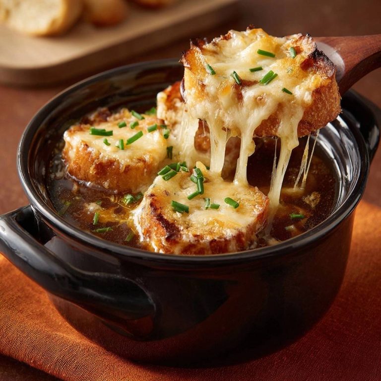 Französische Zwiebelsuppe mit geschmolzenem Käse, der sich appetitlich in langen Fäden vom Brot zieht. Ein Genuss für alle Sinne!
