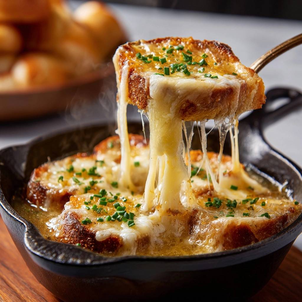 Franzosische Zwiebelsuppe Kaese Zieht Faden 1 Französische Zwiebelsuppe mit geschmolzenem Käse, der lange Fäden zieht, serviert in einer heißen Pfanne mit frischen Kräutern.