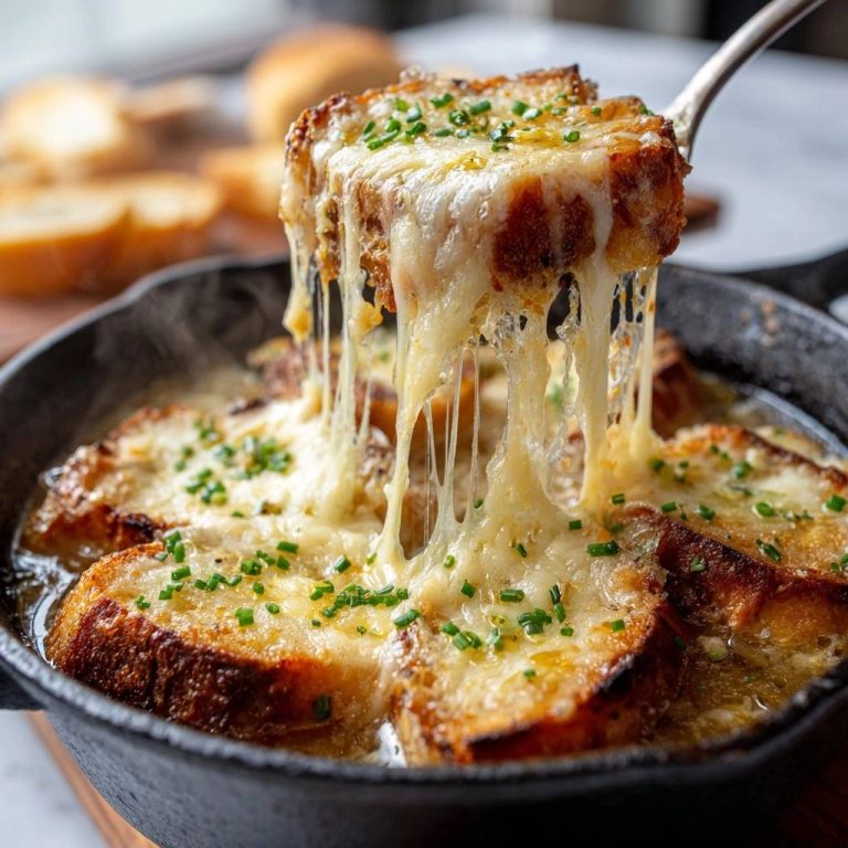 Französische Zwiebelsuppe mit geschmolzenem Käse, der sich zu langen Fäden zieht, serviert in einer gusseisernen Pfanne, garniert mit frischen Kräutern.