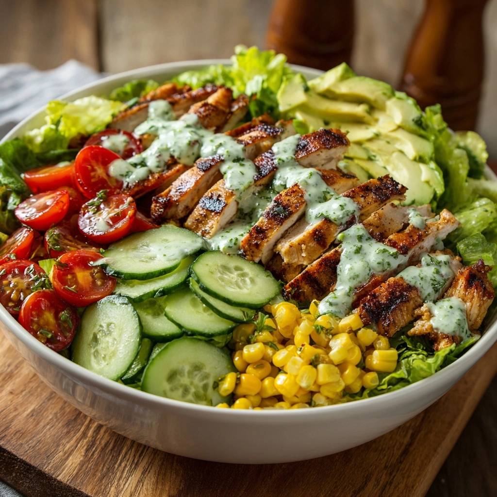 Frischer Hahnchen Avocado Bowl Draufsicht 1 Frischer Hähnchen-Avocado-Bowl in einer Schüssel, mit Hähnchen, Avocado, Tomaten, Gurken und frischem Dressing von oben betrachtet.