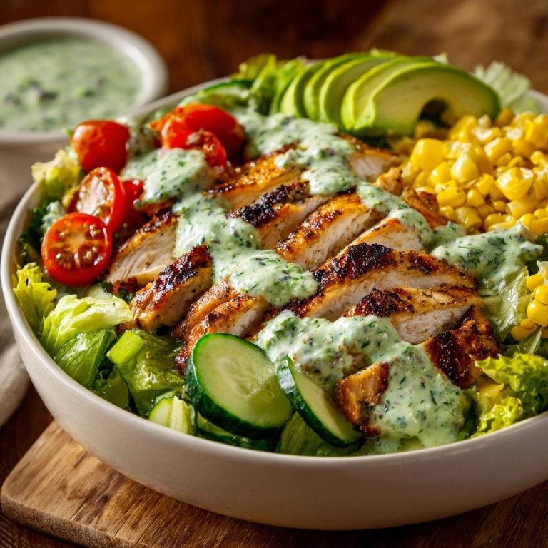 Frischer Hähnchen-Avocado-Bowl in einer Schüssel, mit gegrilltem Hähnchen, Avocado und Mais von oben betrachtet. Ein leichtes und gesundes Gericht mit cremiger Soße.