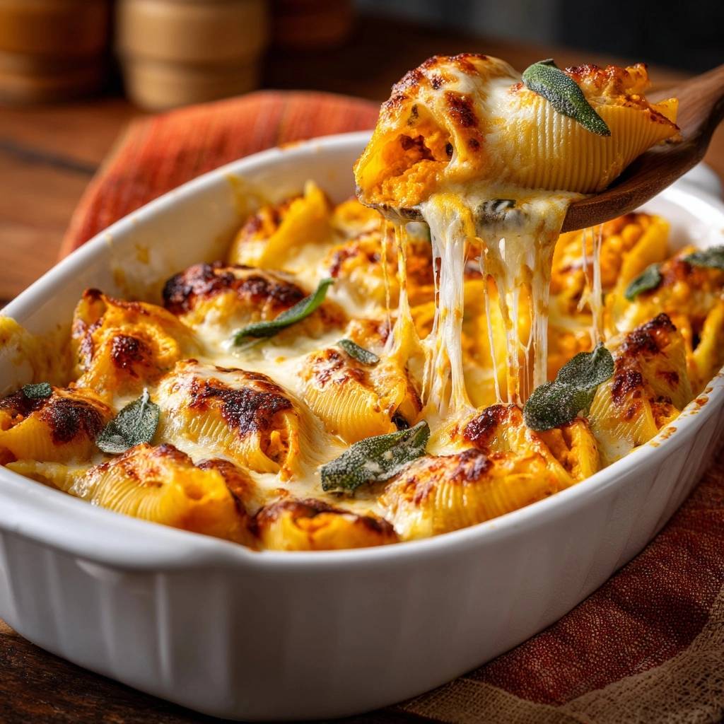 Gebackene Kuerbis Conchiglie Mit Salbei Kaese Zieht 1 Gebackene Kürbis-Conchiglie mit Salbei, aus der Auflaufform genommen, mit geschmolzenem Käse, der sich zieht. Die köstlichen Nudeln sind mit Salbei garniert.