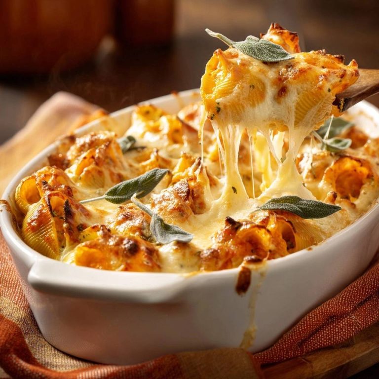 Gebackene Kürbis-Conchiglie mit Salbei zeigt einen Nahaufnahme-Ausschnitt, wobei der geschmolzene Käse lange Fäden zieht.