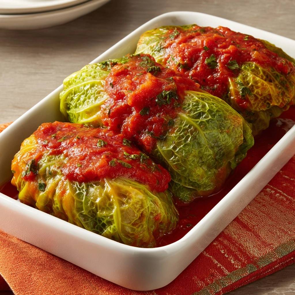 Gefuellte Kohlrouladen In Tomatenso E Draufsicht 1 Gefüllte Kohlrouladen in Tomatensoße in einer Auflaufform, serviert mit reichlich Tomatensauce und frisch gehackten Kräutern. Ein köstliches Mittagessen.