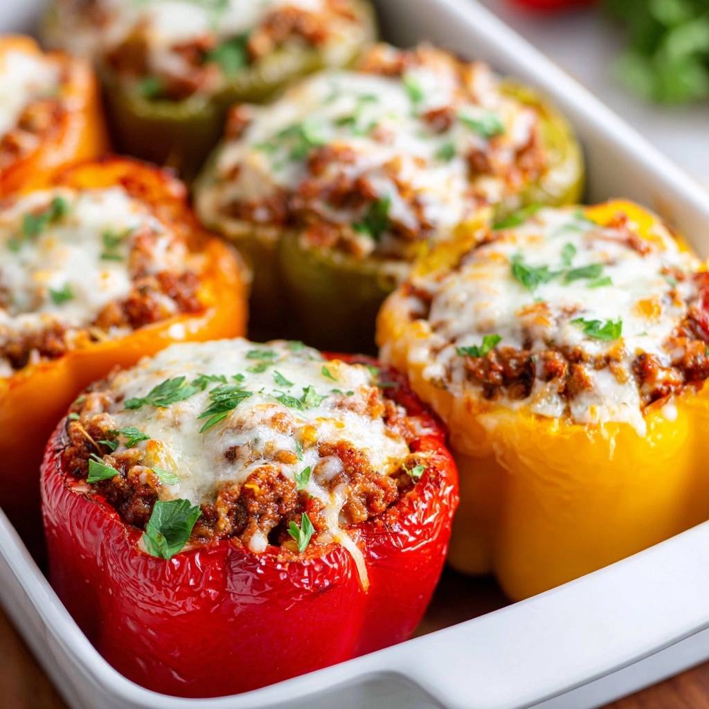 Gefuellte Paprika Mit Hack Und Kaese Draufsicht 1 Gefüllte Paprika mit Hack und Käse, aus der Draufsicht fotografiert, gefüllt mit Fleisch und geschmolzenem Käse, angerichtet in der Auflaufform.
