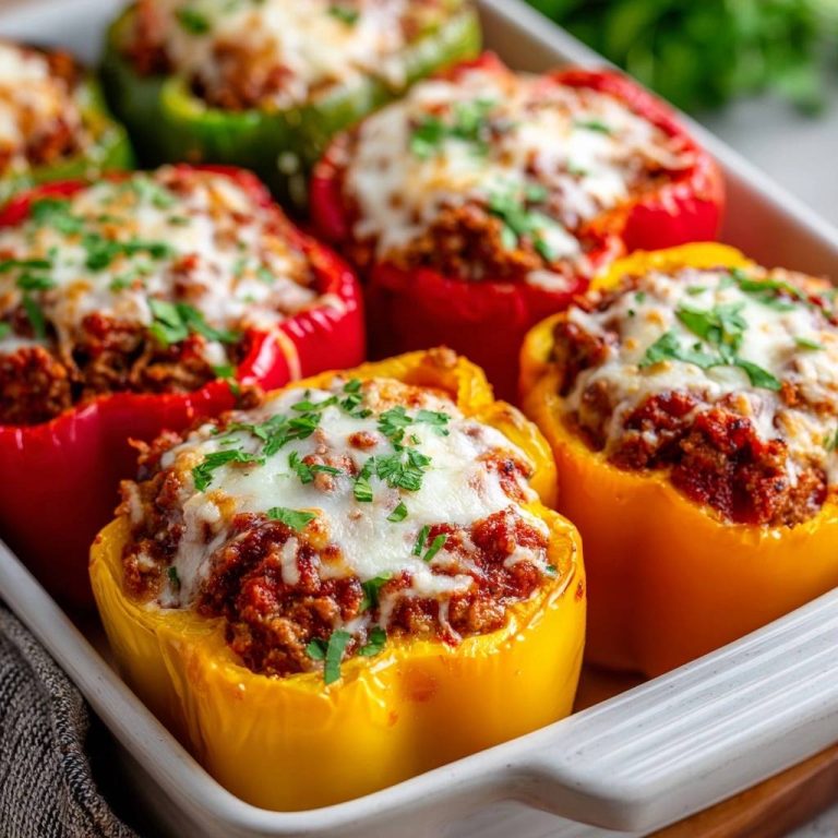 Gefüllte Paprika mit Hack und Käse in einer Auflaufform, von oben fotografiert, mit geschmolzenem Käse und frischer Petersilie garniert.