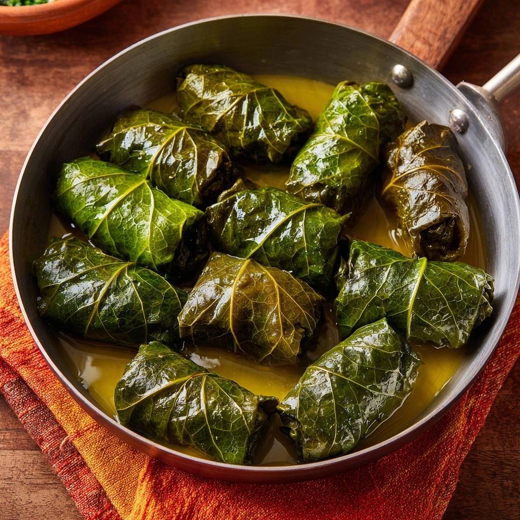 Gefuellte Weinblaetter Dolmades Draufsicht 1 Gefüllte Weinblätter Dolmades in einer Pfanne, von oben fotografiert, in einer köstlichen Brühe serviert und zum Servieren fertig.