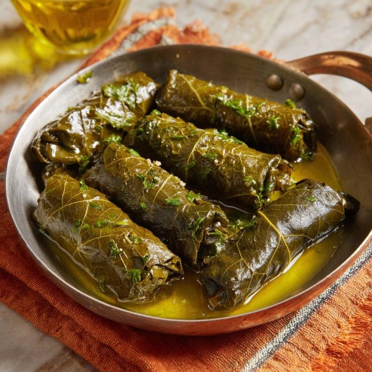 Gefüllte Weinblätter Dolmades aus der Draufsicht in einer Pfanne serviert, mit frischen Kräutern garniert und in Öl eingelegt.