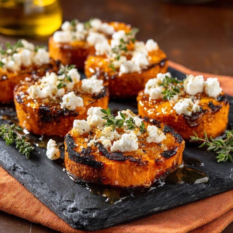 Gegrillter Kürbis mit Feta, Honig & Thymian serviert auf einem schwarzen Teller, garniert mit frischem Thymian. Die gebratenen Kürbiskreise sind mit Honig beträufelt.