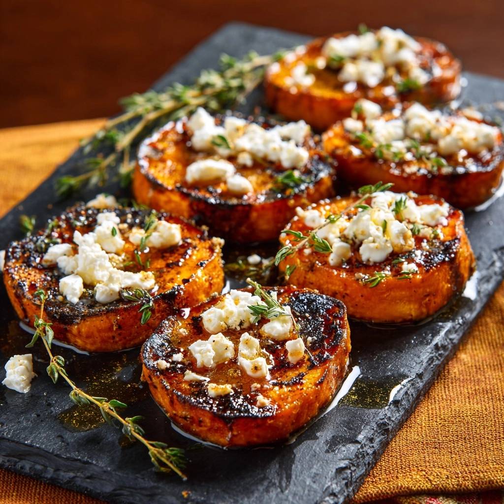 Gegrillter Kuerbis Mit Feta Honig Thymian Serviert 1 Gegrillter Kürbis mit Feta, Honig & Thymian serviert auf einem schwarzen Teller, mit frischem Thymian garniert und bereit zum Servieren.