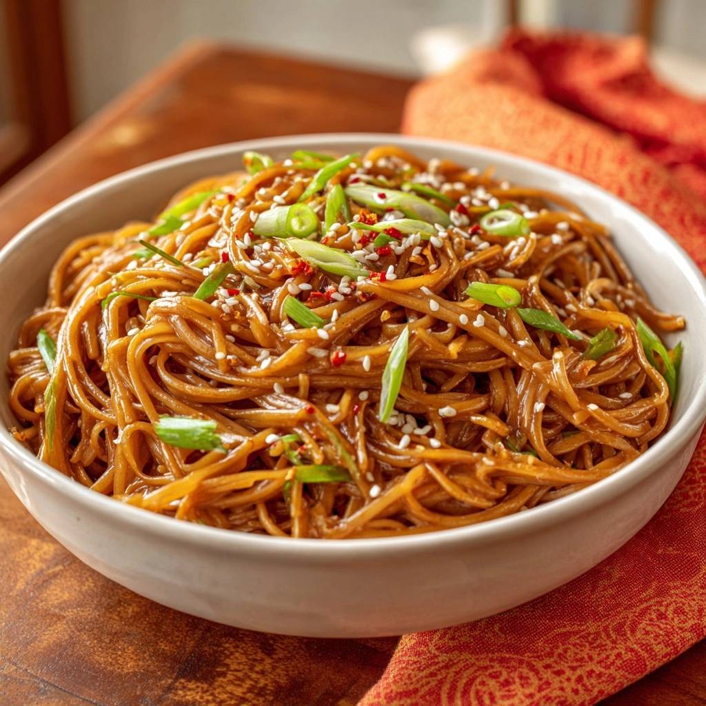 Glanzende Sesam Chili Nudeln Draufsicht Serviert 1 Glänzende Sesam-Chili-Nudeln in einer Schüssel serviert, garniert mit frischem Schnittlauch, Sesam und Chiliflocken. Das perfekte Gericht!