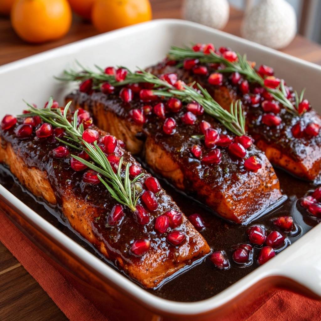 Glanzender Granatapfel Lachs Mit Rosmarin Draufsicht Servier 1 Glänzender Granatapfel-Lachs mit Rosmarin, serviert in einer Auflaufform, garniert mit frischem Rosmarin und Granatapfelkernen.