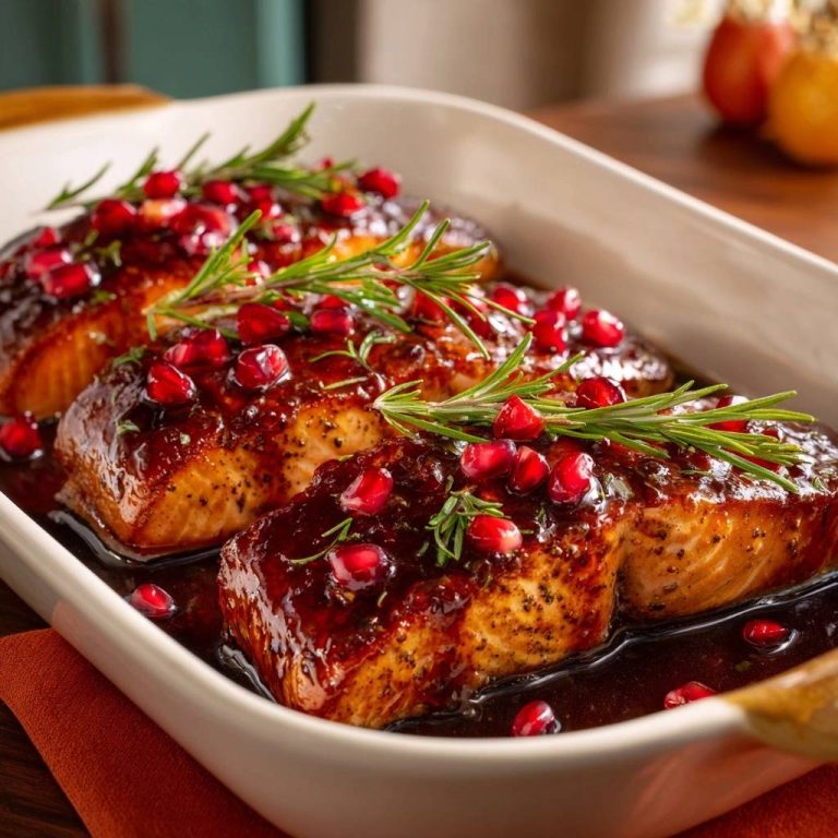 Glänzender Granatapfel-Lachs mit Rosmarin in Nahaufnahme, garniert mit frischen Granatapfelkernen und Rosmarinzweigen auf einem weissen Teller.