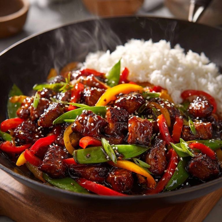 Glasierter Rind-Wok mit Paprika & Schoten in Nahaufnahme, dampfend serviert mit Reis, garniert mit Sesam und frischen Kräutern.