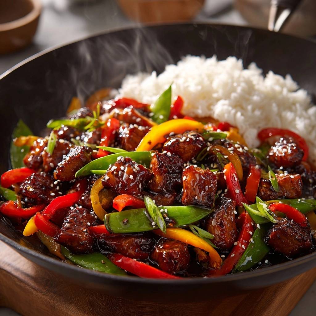Glasierter Rind-Wok mit Paprika & Schoten in Nahaufnahme, dampfend serviert mit Reis, garniert mit Sesam und frischen Kräutern.