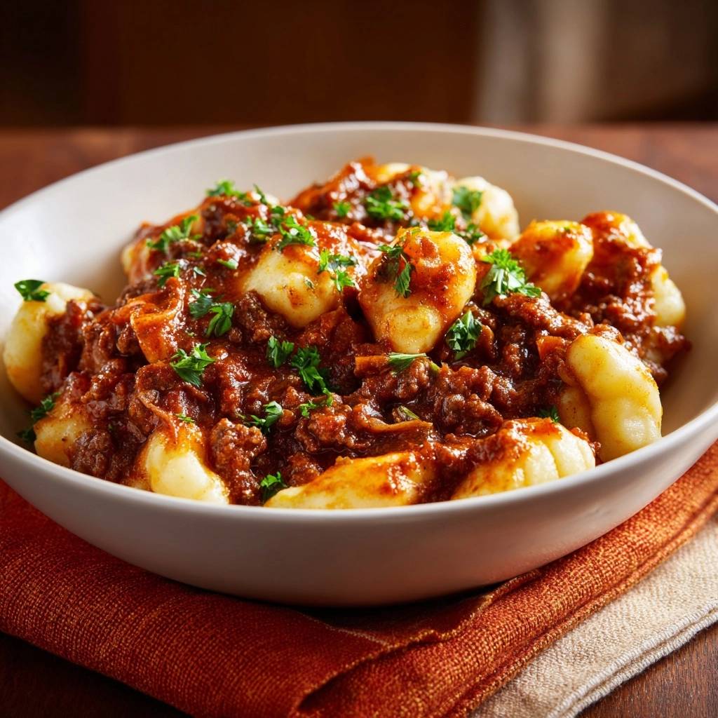 Gnocchi Bolognese Serviert 1 Gnocchi Bolognese, serviert in einer cremigen Fleischsauce, garniert mit frischer Petersilie und angerichtet in einer weißen Schüssel.