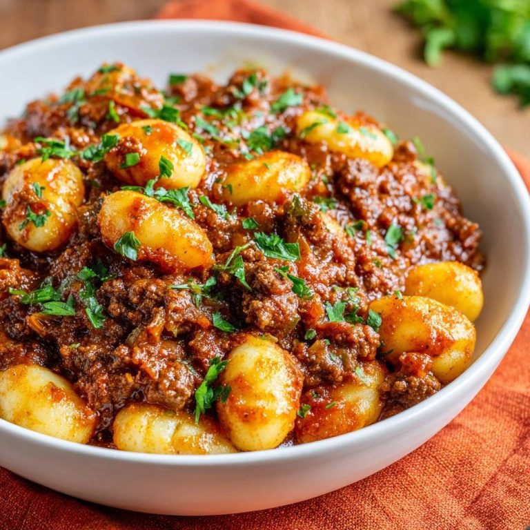 Gnocchi Bolognese serviert in einer weißen Schüssel, garniert mit frischer Petersilie. Der Blick von oben zeigt die hausgemachte Pasta in einer reichhaltigen Bolognese-Sauce.