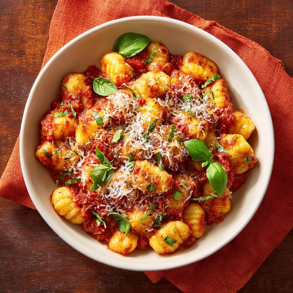 Gnocchi In Tomatenso E Draufsicht Serviert 1 Gnocchi in Tomatensoße, frisch zubereitet und serviert in einer cremigen Tomatensoße mit Basilikum und Parmesan. Der perfekte Genuss.