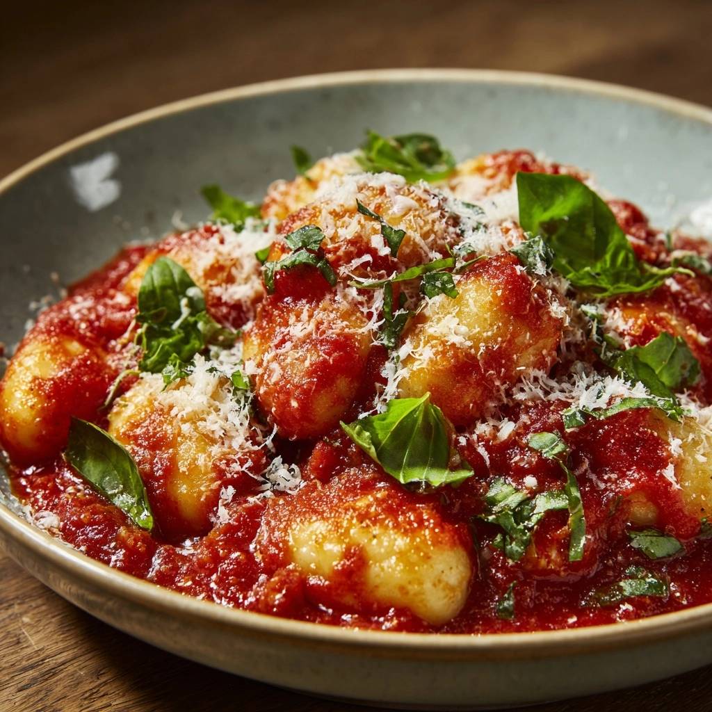 Gnocchi In Tomatenso E Serviert 1 Gnocchi in Tomatensoße, serviert in einer Schüssel mit frischem Basilikum und geriebenem Parmesan. Die hausgemachte Pasta ist in reichhaltiger Tomatensoße geschmort.