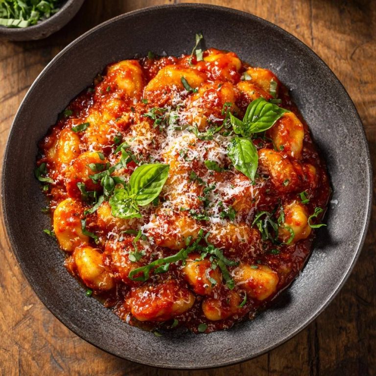 Gnocchi in Tomatensoße, serviert in einer dunklen Schüssel, mit frischen Basilikumblättern und geriebenem Käse garniert.
