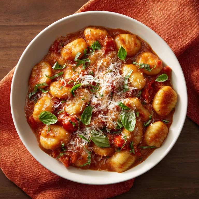 Gnocchi in Tomatensoße, serviert in einer weißen Schüssel. Frische Basilikumblätter und geriebener Käse garnieren das Gericht von oben.