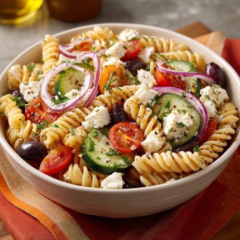 Griechischer Fusilli-Salat mit frischem Gemüse und Feta-Käse in einer Nahaufnahme, serviert in einer cremefarbenen Schüssel.