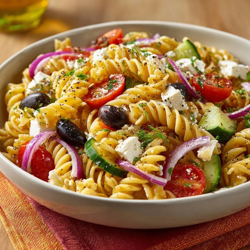 Griechischer Fusilli Salat Nahaufnahme Serviert 1 Griechischer Fusilli-Salat mit Tomaten, Oliven, Feta und Gurke, serviert in einer weißen Schüssel in Nahaufnahme.