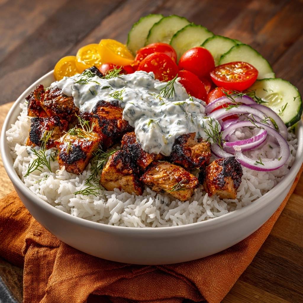 Griechischer Hahnchen Reis Bowl Draufsicht 1 Griechischer Hähnchen-Reis-Bowl von oben betrachtet, serviert mit frischem Gemüse, cremiger Soße und duftendem Dill.