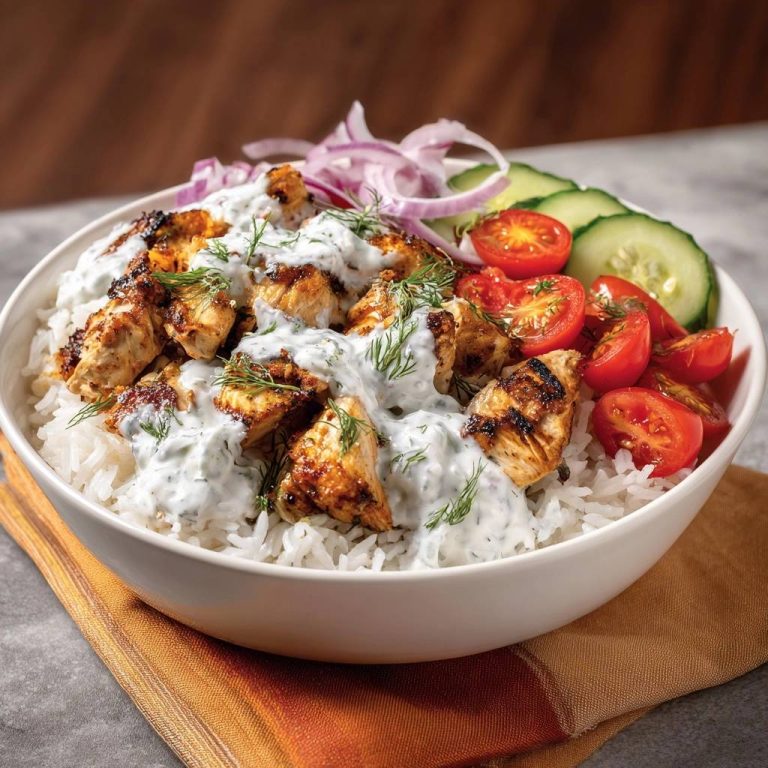 Griechische Hähnchen-Reis-Bowl, serviert in einer Schüssel mit Reis, Hähnchen, Gurken, Tomaten, Zwiebeln und cremiger Tzatziki-Sauce, garniert.