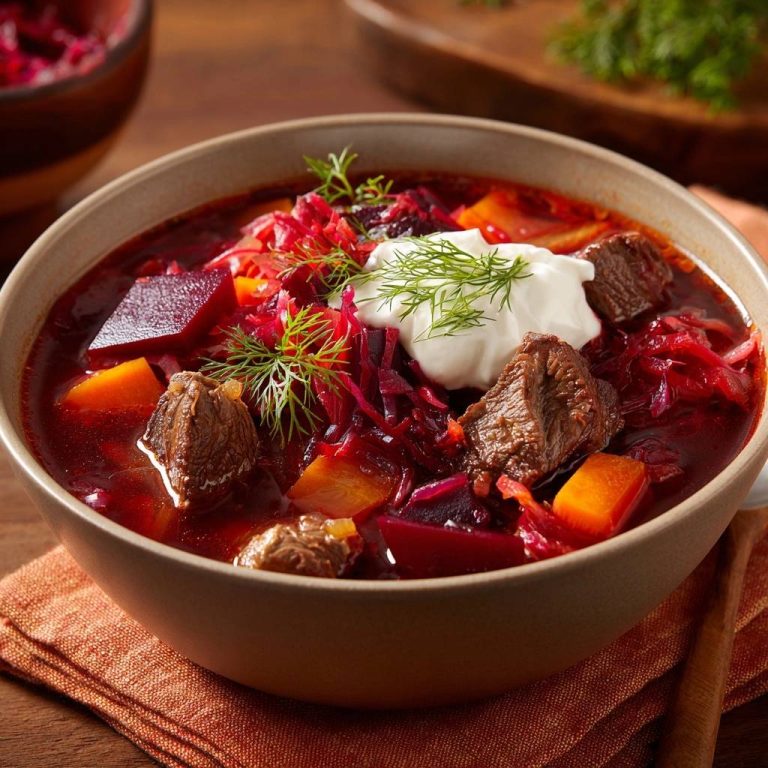 Herzhafter Rindfleisch-Borschtsch, dickflüssig, serviert in einer rustikalen Schale, garniert mit frischem Dill und einem Klecks Sauerrahm.