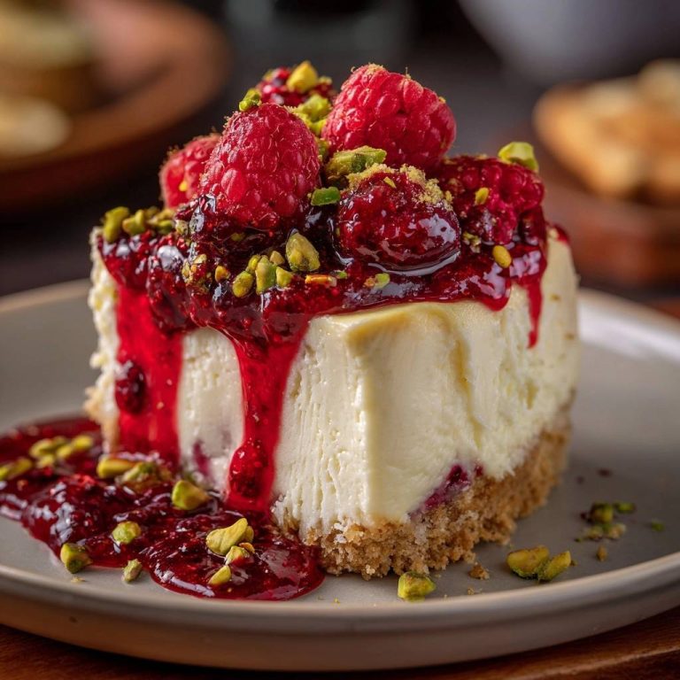 Himbeer-Pistazien-Cheesecake präsentiert einen köstlichen Querschnitt, serviert auf einem Teller. Der cremige Cheesecake wird von einer leuchtenden Himbeersauce und gehackten Pistazien gekrönt.