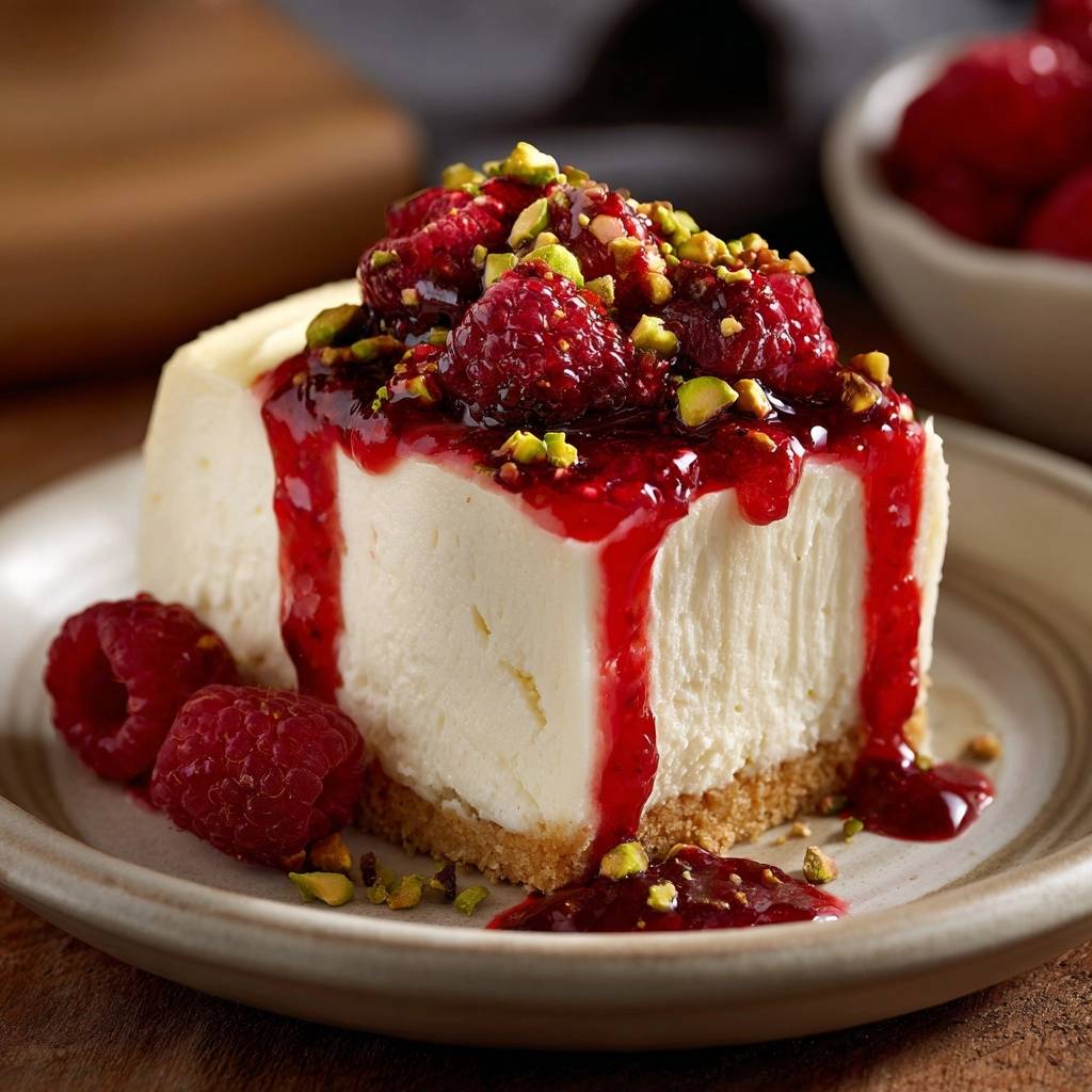 Himbeer Pistazien Cheesecake Serviert 1 Himbeer-Pistazien-Cheesecake serviert auf einem Teller. Ein Stück Cheesecake mit Himbeersoße und Pistazien garniert, für den Genuss bereit.