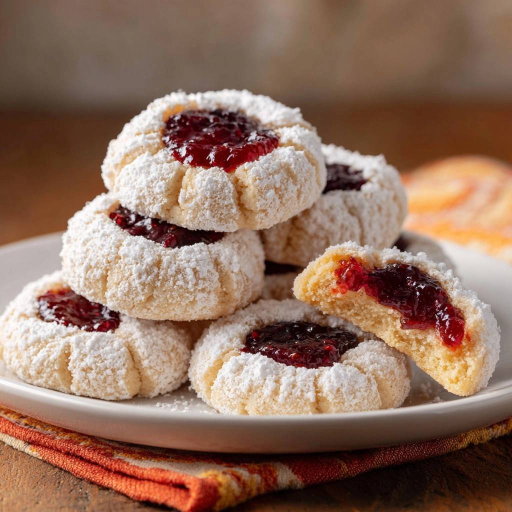 Himbeer Puderzucker Plaetzchen Querschnitt 1 Himbeer-Puderzucker-Plätzchen im Anschnitt zeigen die fruchtige Marmeladenfüllung und den weichen Teig, bedeckt mit Puderzucker.