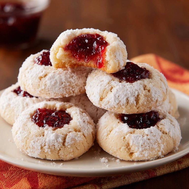 Himbeer-Puderzucker-Plätzchen mit einem angeschnittenen Keks, der die fruchtige Marmeladenfüllung und den weichen Teig zeigt.