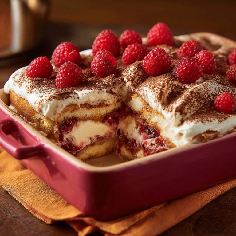 Himbeer-Sahne-Tiramisu zeigt eine Nahaufnahme des Anschnitts. Die cremige Füllung und die Schichten aus Biskuit und Himbeeren sind deutlich zu sehen.