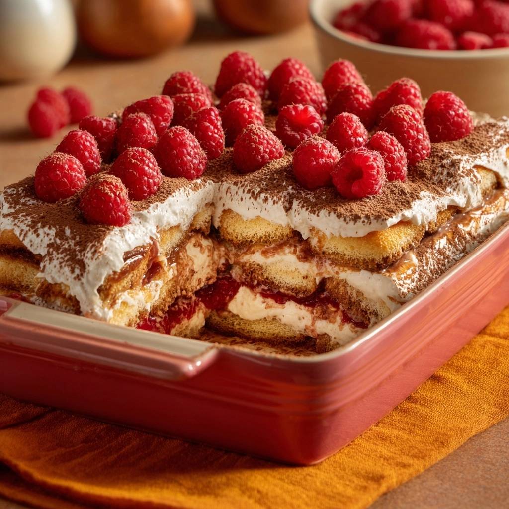 Himbeer Sahne Tiramisu Querschnitt Nahaufnahme 1 Himbeer-Sahne-Tiramisu: Ein Nahaufnahme-Querschnitt zeigt die geschichteten Löffelbiskuits, Sahne und Himbeeren in diesem köstlichen Dessert.