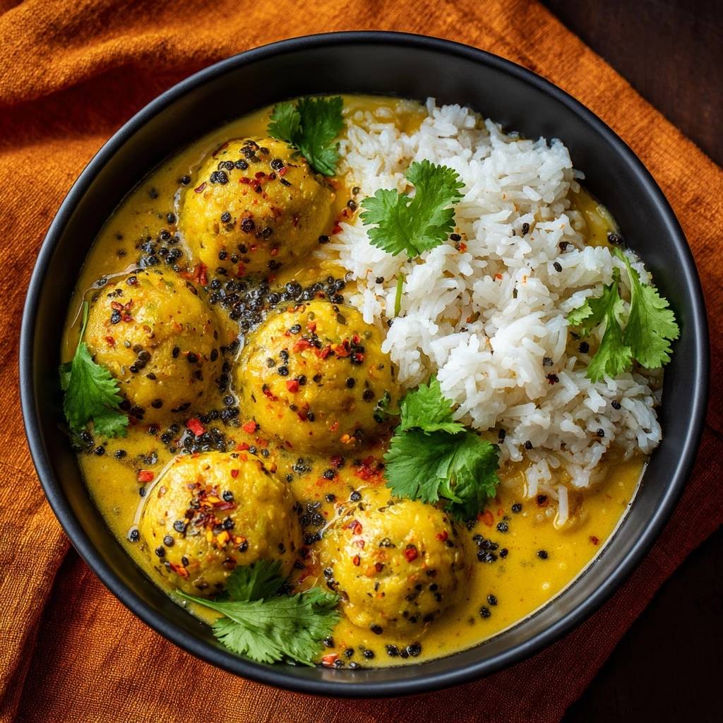 Indisches Kofta Curry Mit Basmatireis Draufsicht 1 Indisches Kofta-Curry mit Basmatireis in einer schwarzen Schüssel von oben gesehen, mit Reis und frischen Kräutern garniert.