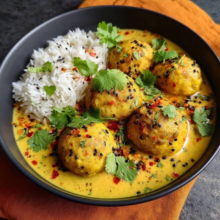 Indisches Kofta-Curry mit Basmatireis in einer Schüssel serviert, mit frischem Koriander garniert und von oben fotografiert.