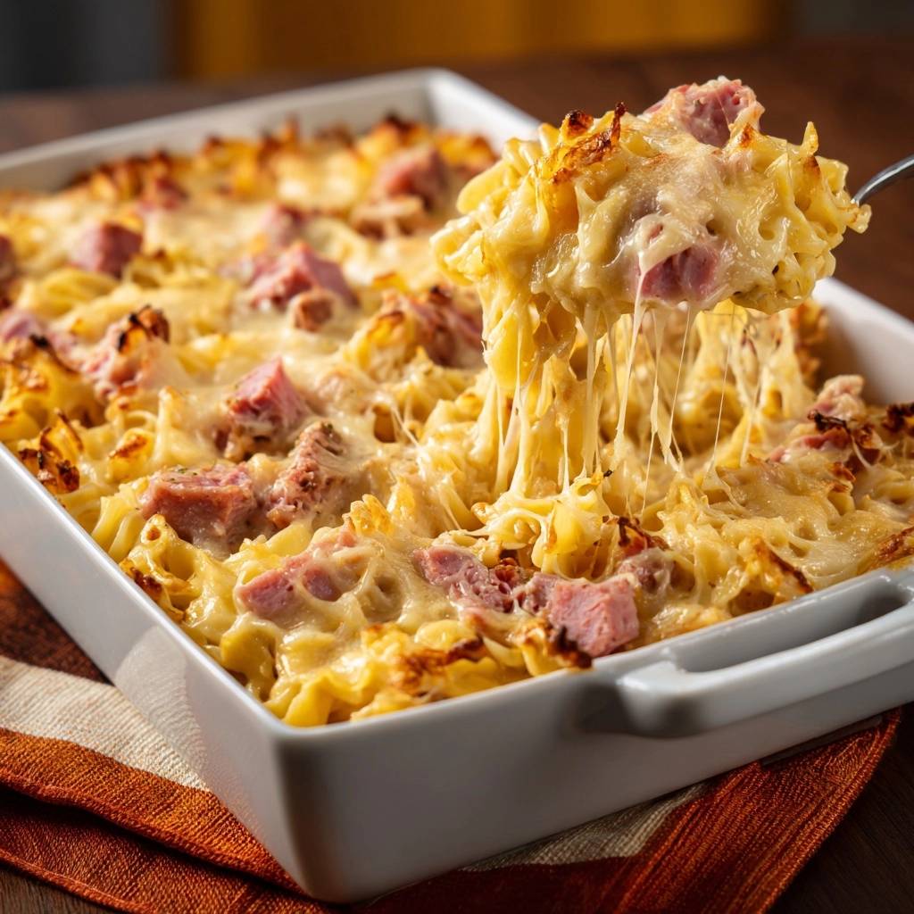 Kaasig Schinken Nudelauflauf Mit Kaesefaden 1 Käsig überbackener Schinken-Nudelauflauf mit geschmolzenem Käse, der sich beim Abheben vom Auflauf zieht. Ein herzhaftes Gericht zum Genießen.