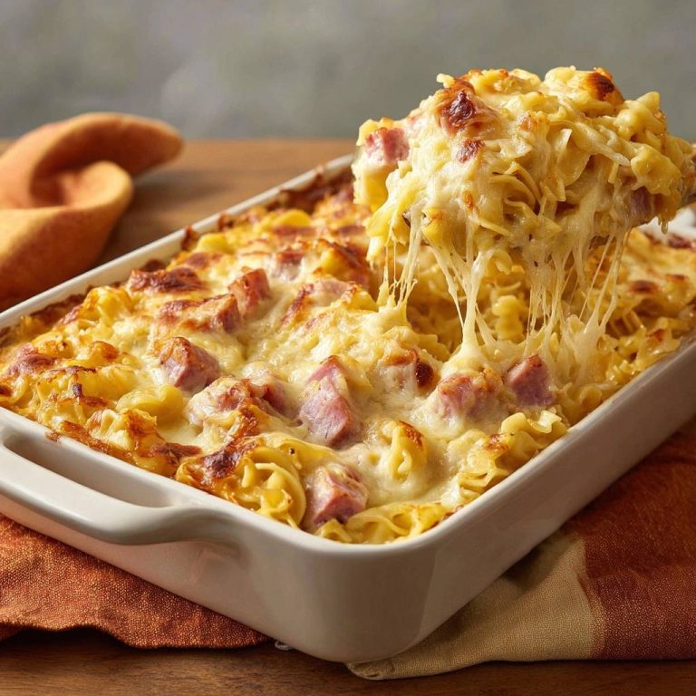Käsig überbackener Schinken-Nudelauflauf, bei dem der Käse köstlich vom Löffel gezogen wird. Ein herzhaftes Gericht, das zum Genießen einlädt.