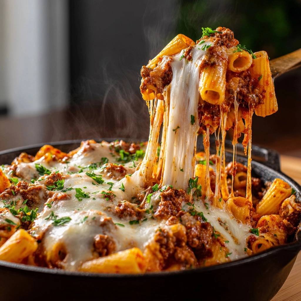 Kaesiges Rindfleisch Rigatoni Kaese Zieht 1 Käsiges Rindfleisch-Rigatoni mit geschmolzenem Käse, der sich appetitlich zieht, wird aus der Pfanne gehoben. Das Gericht ist dampfend heiß.