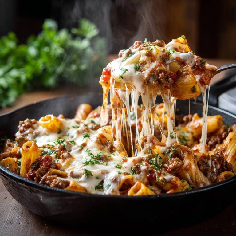 Käsiges Rindfleisch-Rigatoni mit geschmolzenem Käse, der sich beim Abheben vom Löffel in Fäden zieht. Ein köstliches Gericht.