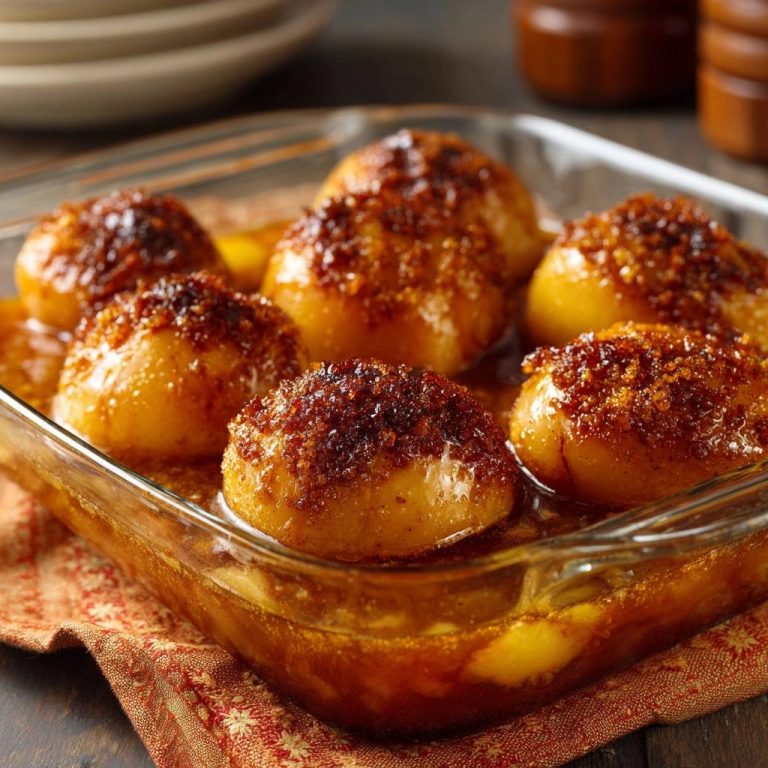 Karamellisierte Knusprig-Kartoffeln in einer Glasform, serviert in einer köstlichen, karamellisierten Sauce, die von oben betrachtet wird.