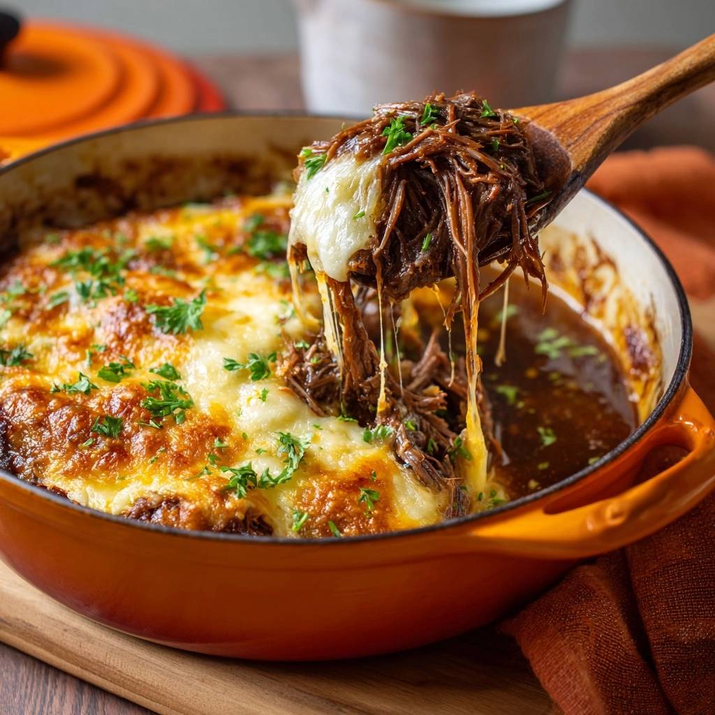 Kaseuberbackenes Pulled Beef Auf Dem Loeffel 1 Käseüberbackenes Pulled Beef wird mit einem Holzlöffel aus der Auflaufform gehoben, mit geschmolzenem Käse und frischer Petersilie.