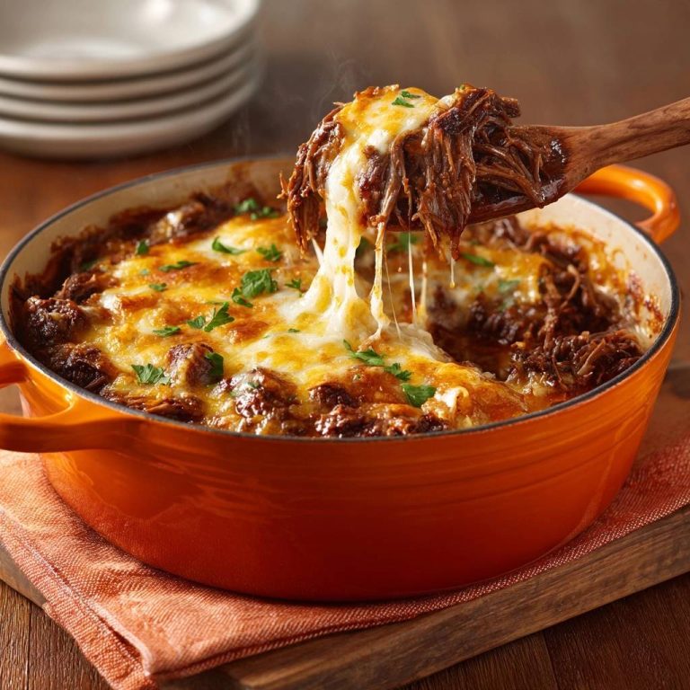 Käseüberbackenes Pulled Beef mit geschmolzenem Käse, der sich von einem Holzlöffel zieht, serviert in einer ofenfesten Form.