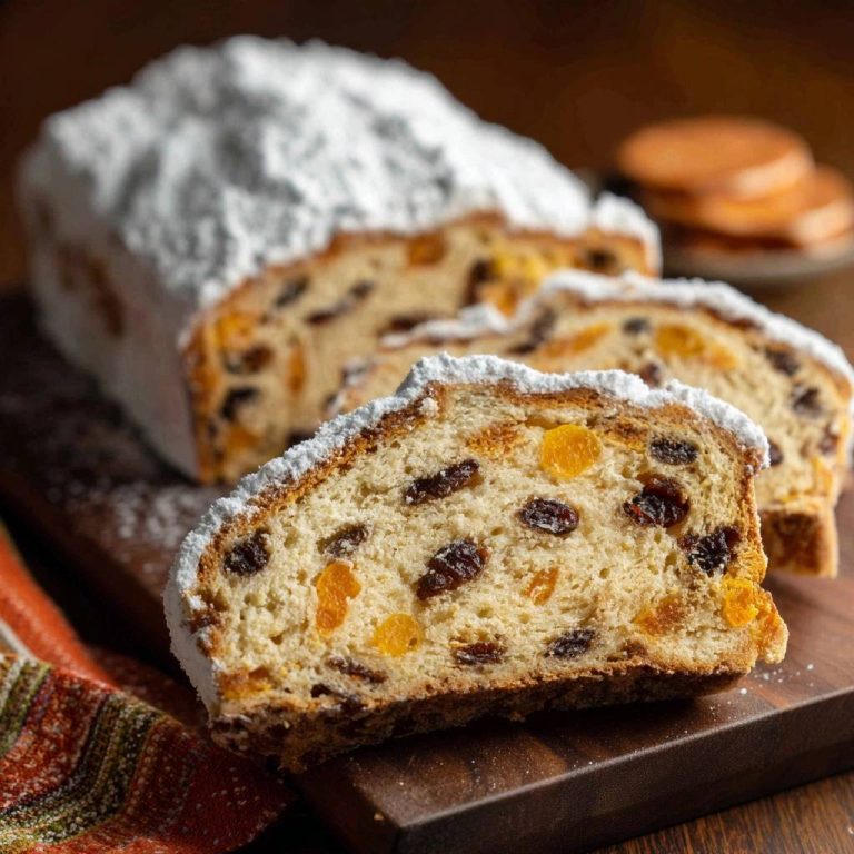 Klassischer Fruchtstollen zeigt eine Nahaufnahme eines warmen Querschnitts, der die saftigen Früchte und die pudrige Zuckerschicht offenbart.